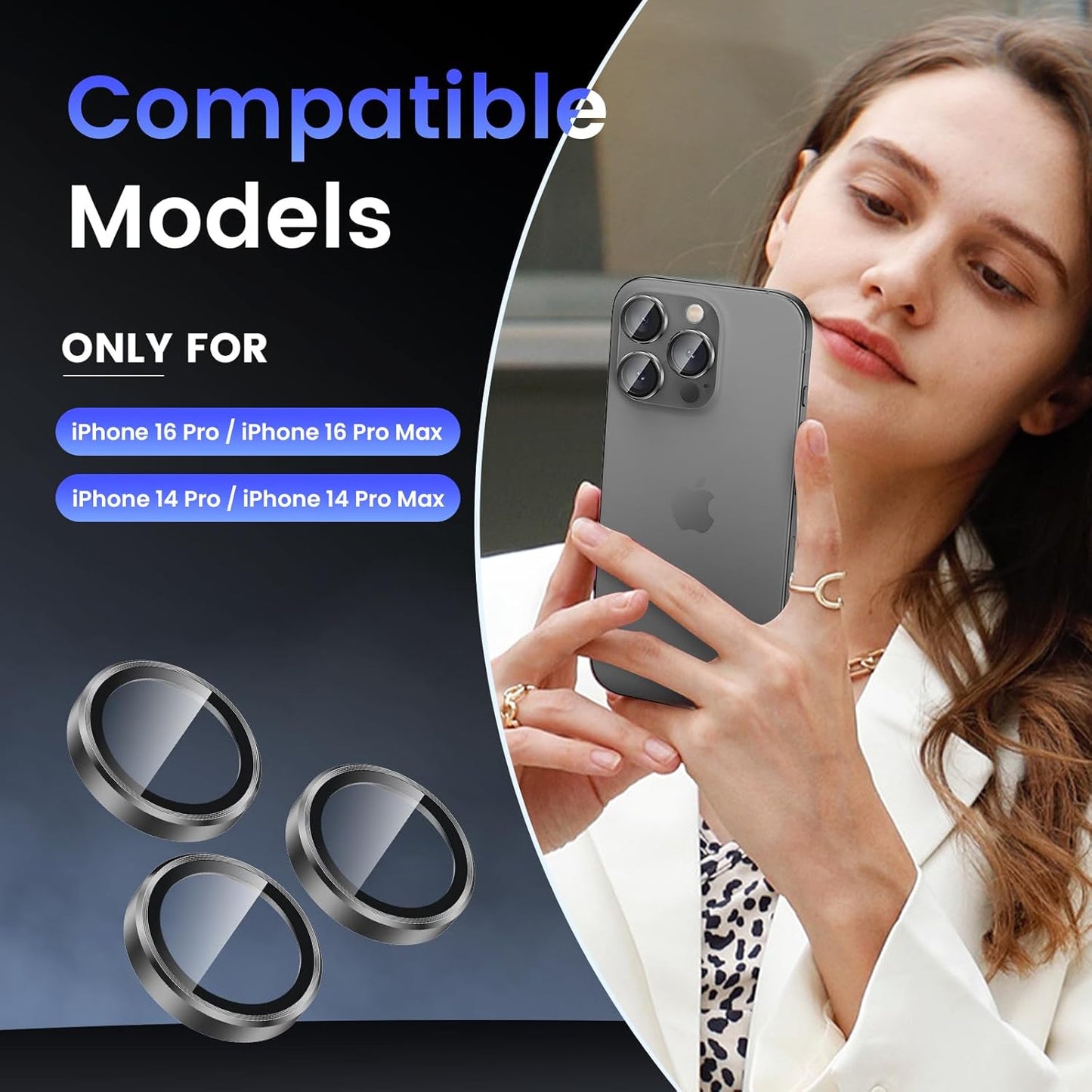 Tensea Camera Lens Protector Compatible for iPhone 16 Pro Max/16 Pro/14 Pro Max/14 Pro, Metal Aluminum Alloy Tempered Glass Cover Camera Screen Protector Accessories, Case Friendly