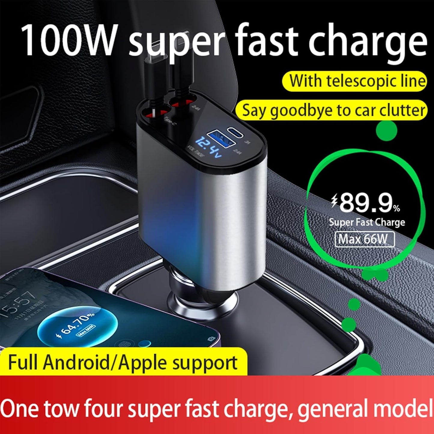 Retractable Car Charger，4 in1 Fast Car Phone Charger with Dual Retractable Cables and 2 Charging Ports (Type C+Lightning Retractable Cords)