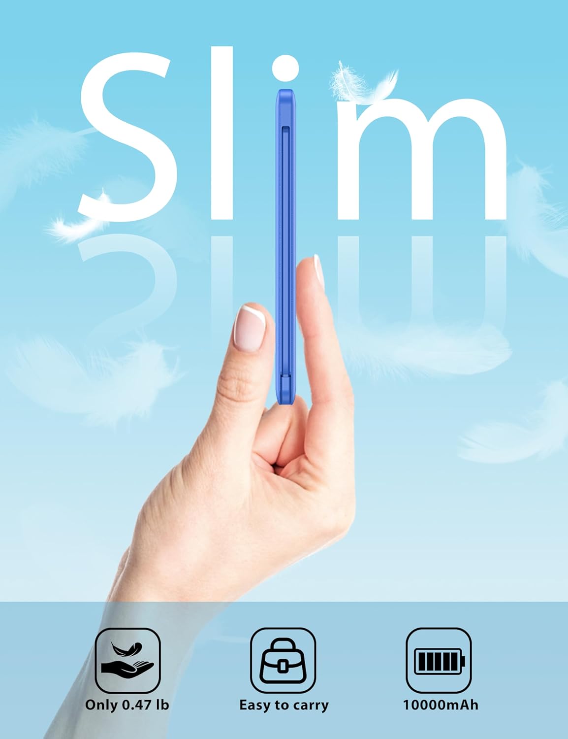 miisso 10000mAh Slim Portable Charger with Built in Cable, Power Bank Travel Charger External Battery Pack for Phone, 4 Output USB Type C Cord Clutch Charger Compatible with iPhone, Deep Blue