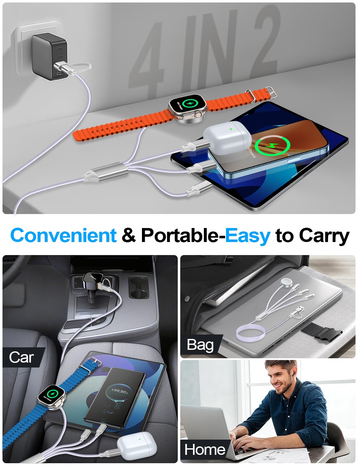 2 Pack Charging Cable for Apple Watch Charger/Samsung/iPhone Charger,Car/Office/Camping/Travel Essentials,Type C Cable Cord for iWatch Ultra/10-2/iPhone 16-11/Samsung S25-S20,iPad,airPods-Purple