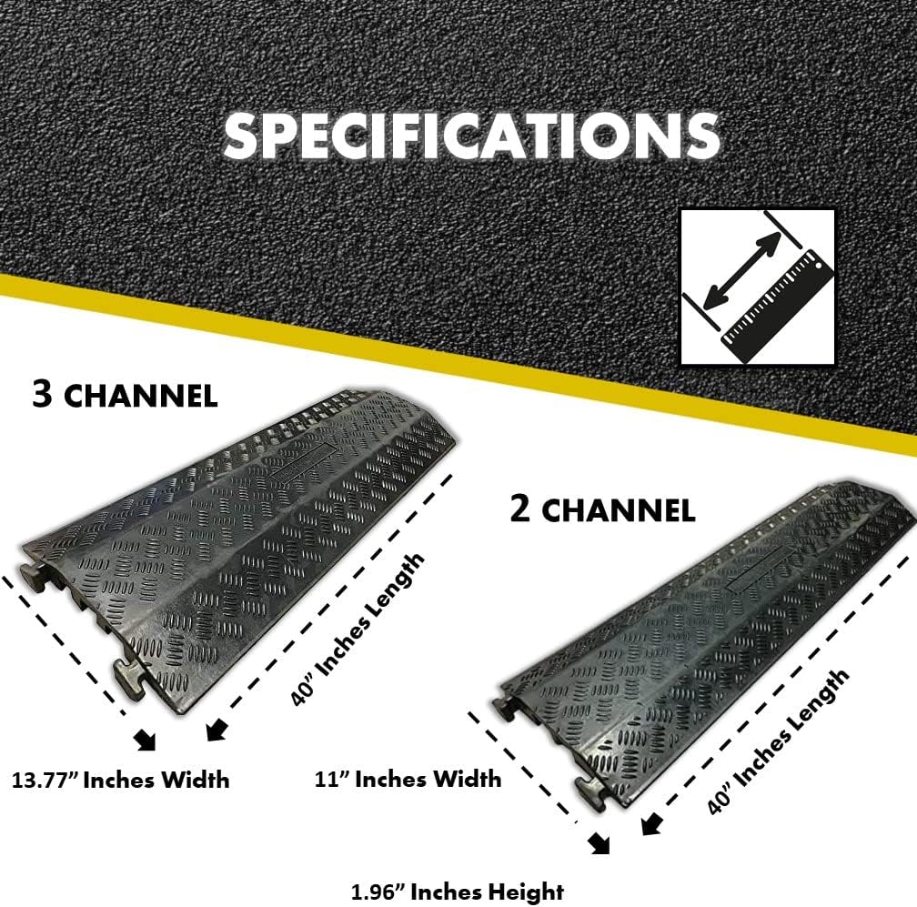 Kable Kontrol Drop Over Floor Cord Cover – 40” Inch Long 3 Channel Cable or Wire Protector – 10 Pcs Bulk Pack - Rubber Ramp for Indoor and Outdoor Use – Black