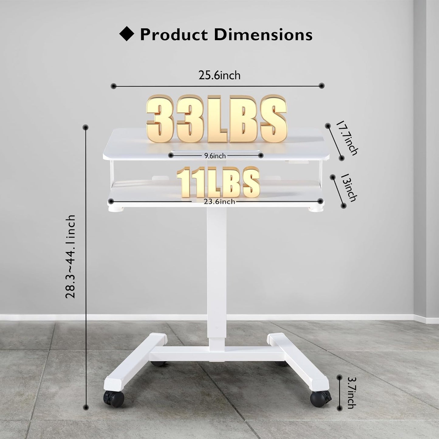 BONTEC Mobile Standing Desk with Keyboard Tray, Mobile Podium, Rolling Laptop Sit Stand Desk on Wheels, Adjustable Height Up to 33lbs, Portable Computer Workstation Cart for Living Room, Office, White