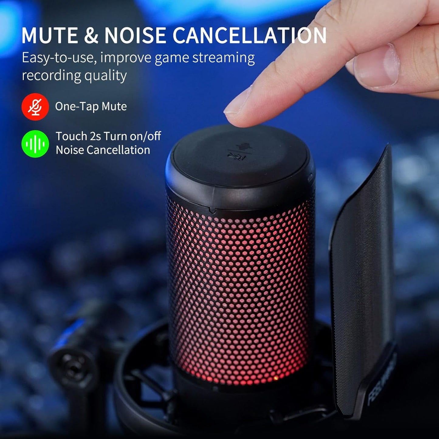 FEELWORLD VM1 Gaming PC USB Microphone Condenser Mic with Noise Cancellation Mute RGB Light, Computer Accessories Gifts for Gamer YouTube Twitch Podcast Streaming Recording Online Chat PS4 PS5