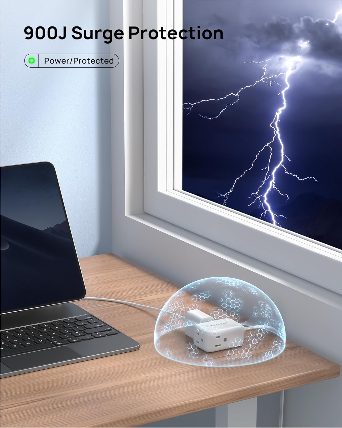 TROND 360° Rotating Flat Plug Extension Cord Surge Protector 1.5ft, Small Power Strip with 900 Joules, 3 Side Grounded Outlets, 13A, SPT 16/3 Gauge Wire for Indoor Home Office Dorm Room Travel, White