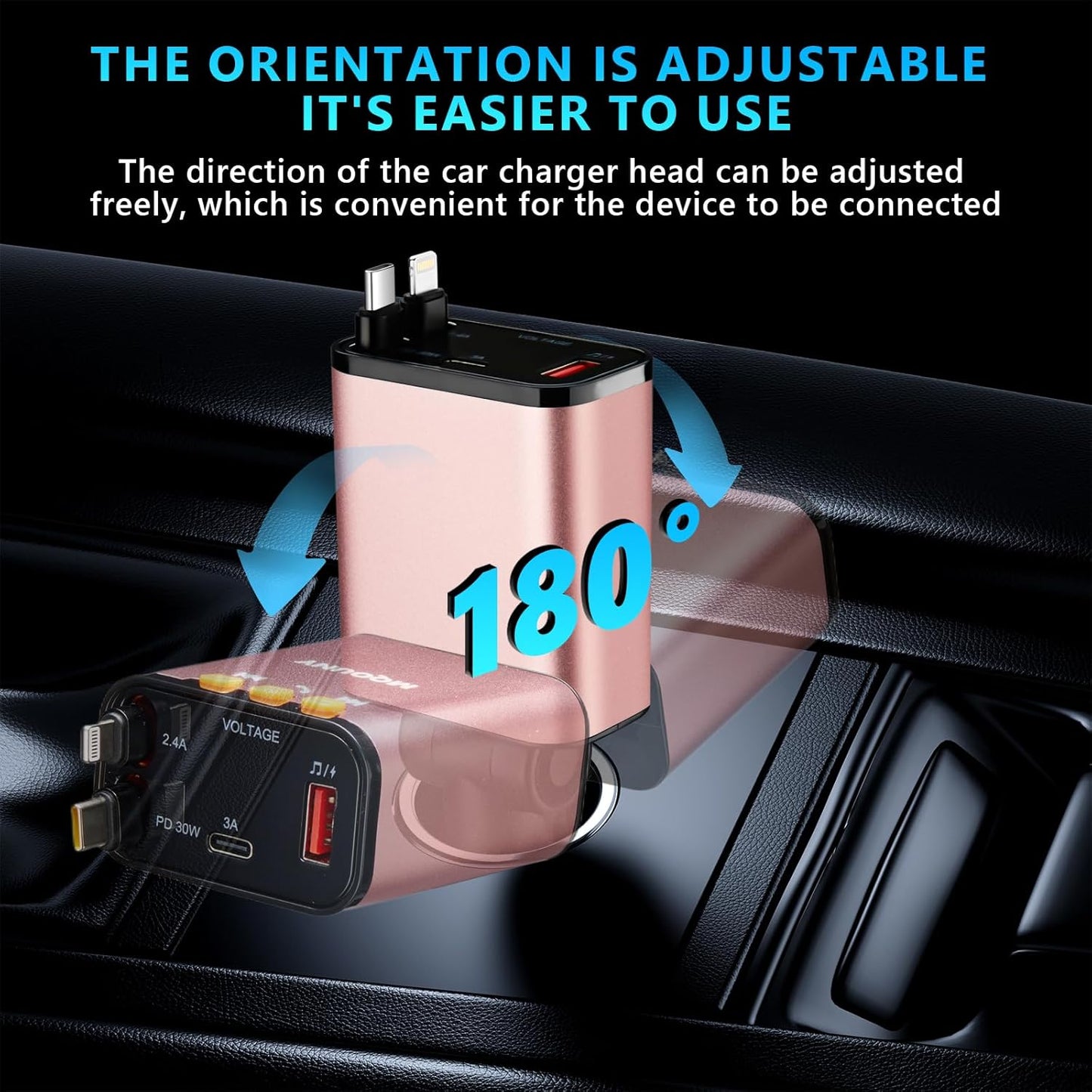 Retractable Car Charger,5 in 1 Fast Cars Phone Charger 60w,Bluetooth 5.3 FM Transmitter Adapter,Handsfree Call,MP3 Player,2 Retractable Cables and USB Chargers, for Phone,Galaxy,Pixel (Pink)