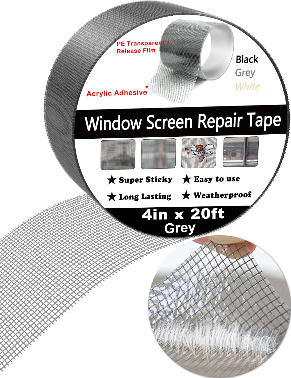 wohohoho Window Screen Repair Tape, 4 in X 20 FT (240IN) Grey Screen Patch Repair Kit, 3-Layer Strong Adhesive Invisible Screen Tape Mesh Repair for Windows, Doors Garage Mosquito Net Magnetic Screen