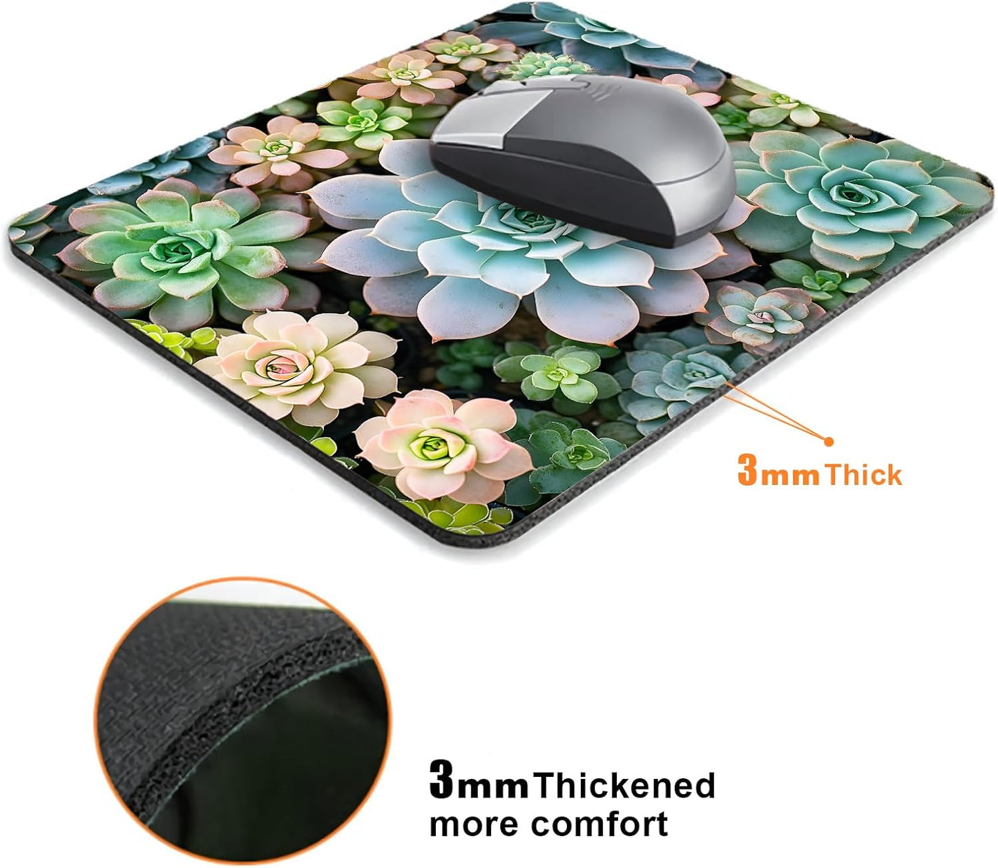 Cute Succulent Plants Mouse Pads for Desk, Portable Wireless Computer Mouse pad Small Design with Women, Non-Slip Rubber Base Laptop Mousepad 9.5" x 7.9" Smooth Surface for Office & Travel