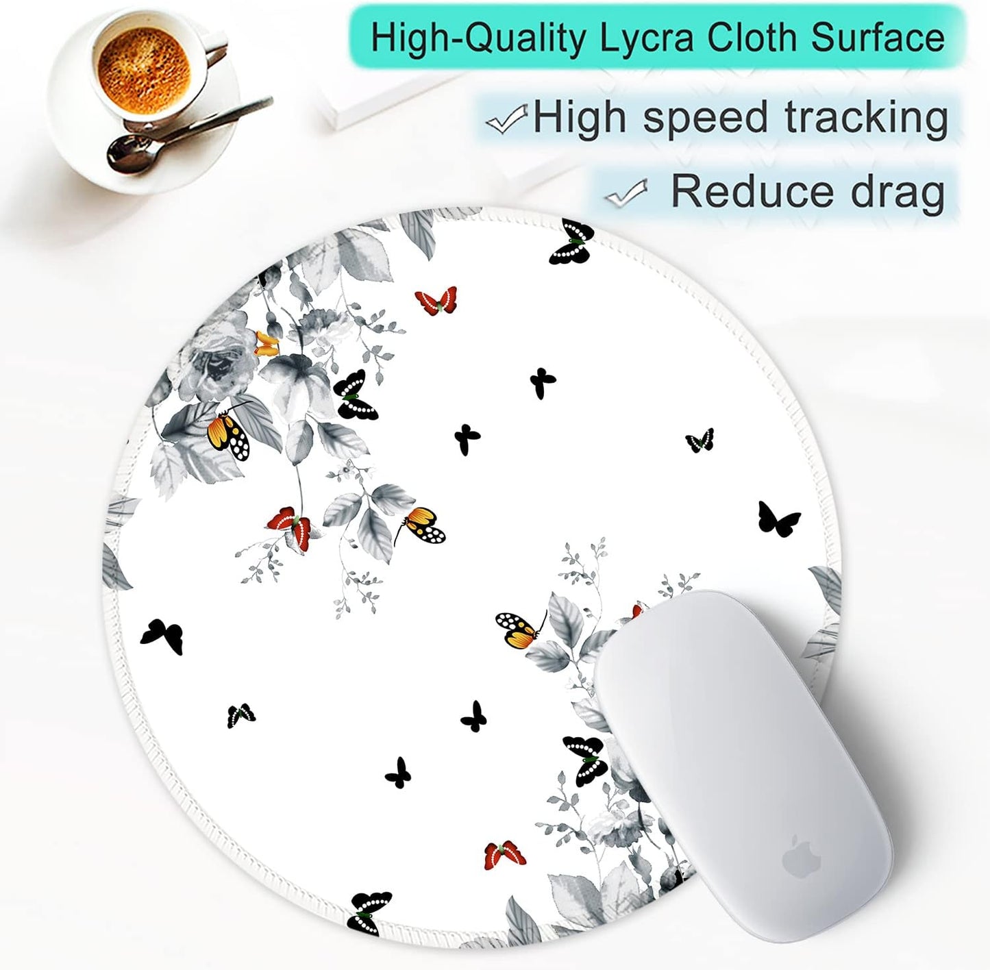 ITNRSIIET Round Mouse Pad with Stitched Edge Premium-Textured Waterproof Non-Slip Rubber Base Desktop Protection Mat Diameter 8.7 inches, Flowers and Butterflies