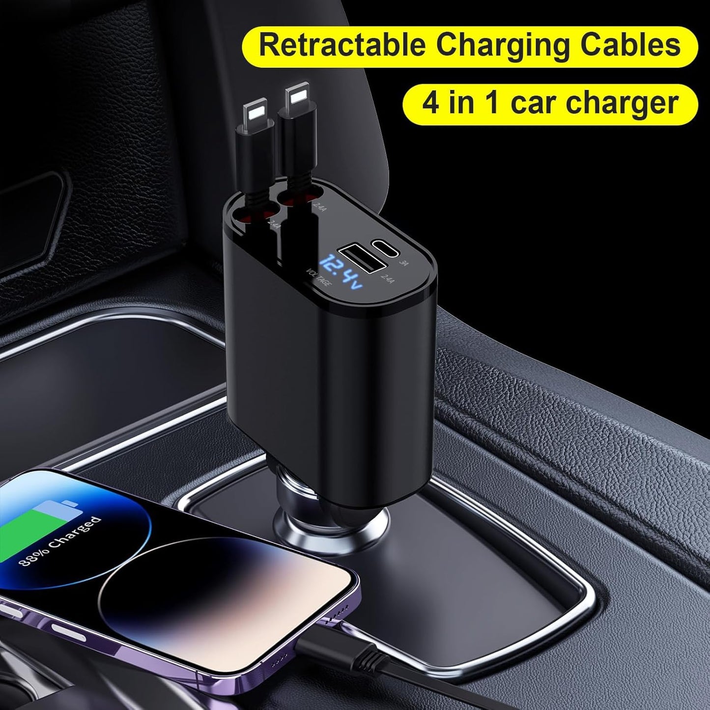 Retractable Car Charger Compatible with iPhone 16, 4 in 1 Fast Charging 60W, Car iPhone Charger with Car Retractable Cable and 2 USB Ports for iPhone 15 14 13 12