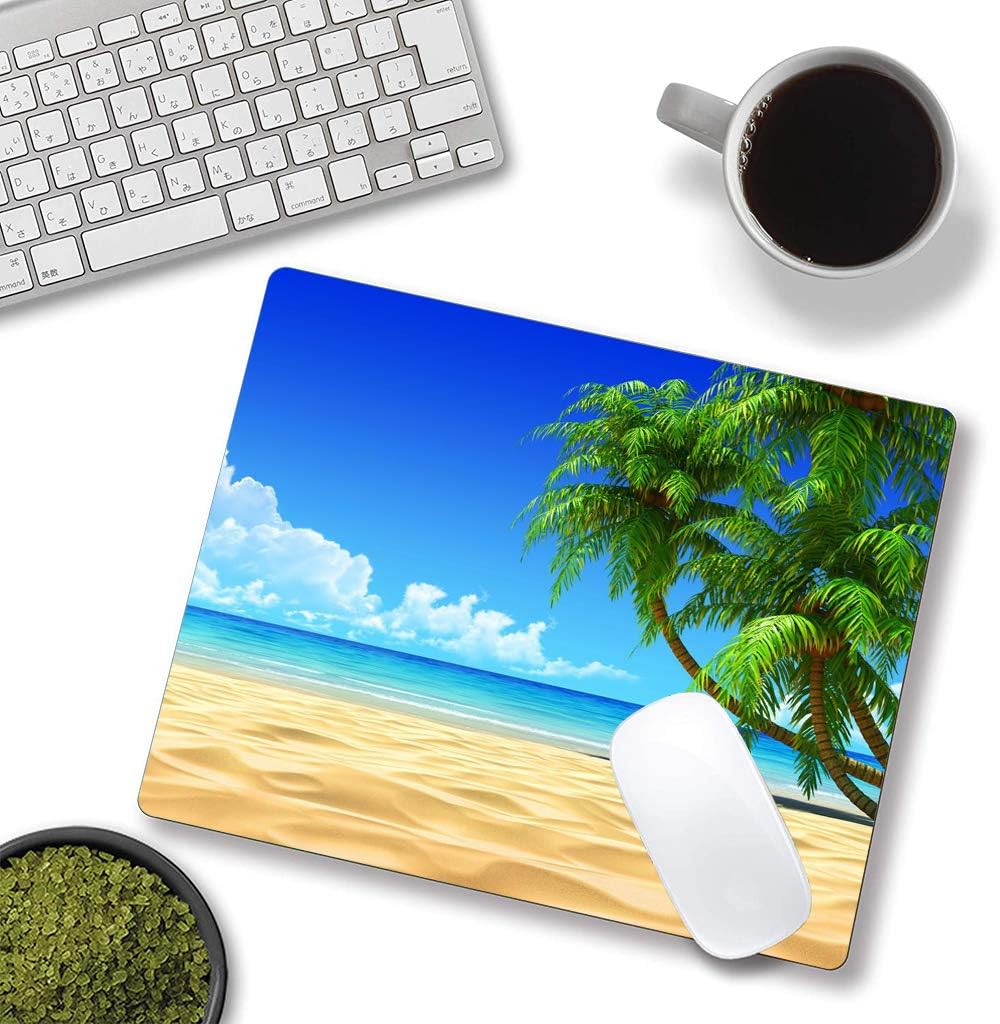 Beach Mouse Pad, Mouse Mat Square Waterproof Mouse Pad Non-Slip Rubber Base MousePads for Office Home Laptop, Beach and Coconut Trees Design