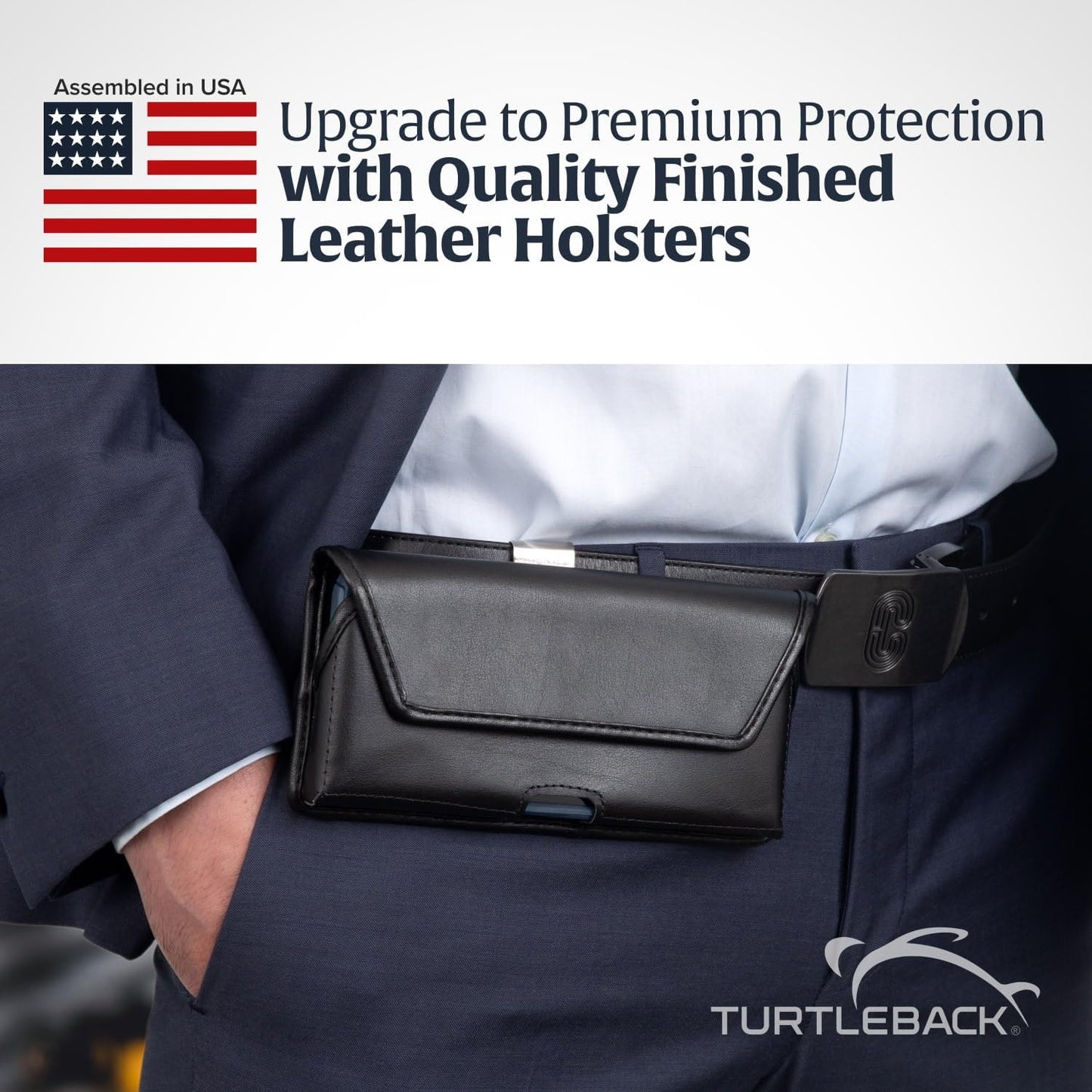 Turtleback Belt Clip for iPhone 16 Pro, 16e, 15 pro 14 Pro 13 Pro -Large- Fits w/Defender Bulky Style Cases, Premium Black Leather, Horizontal Belt Holder, Magnetic Closure HD Rotating Belt Clip