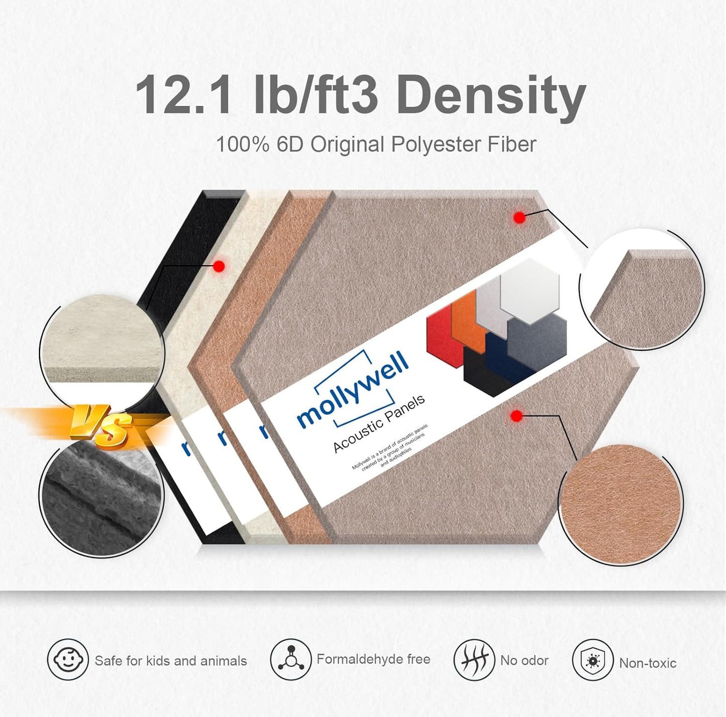 Mollywell Hexagon Acoustic Panels, High Density, Soundproofing, Decorative Noise Reduction Felt Wall Tiles for Studio, Home, Office (Deep Camel, Deep Brown, Black, Light Camel), 14x12x0.4 Inch