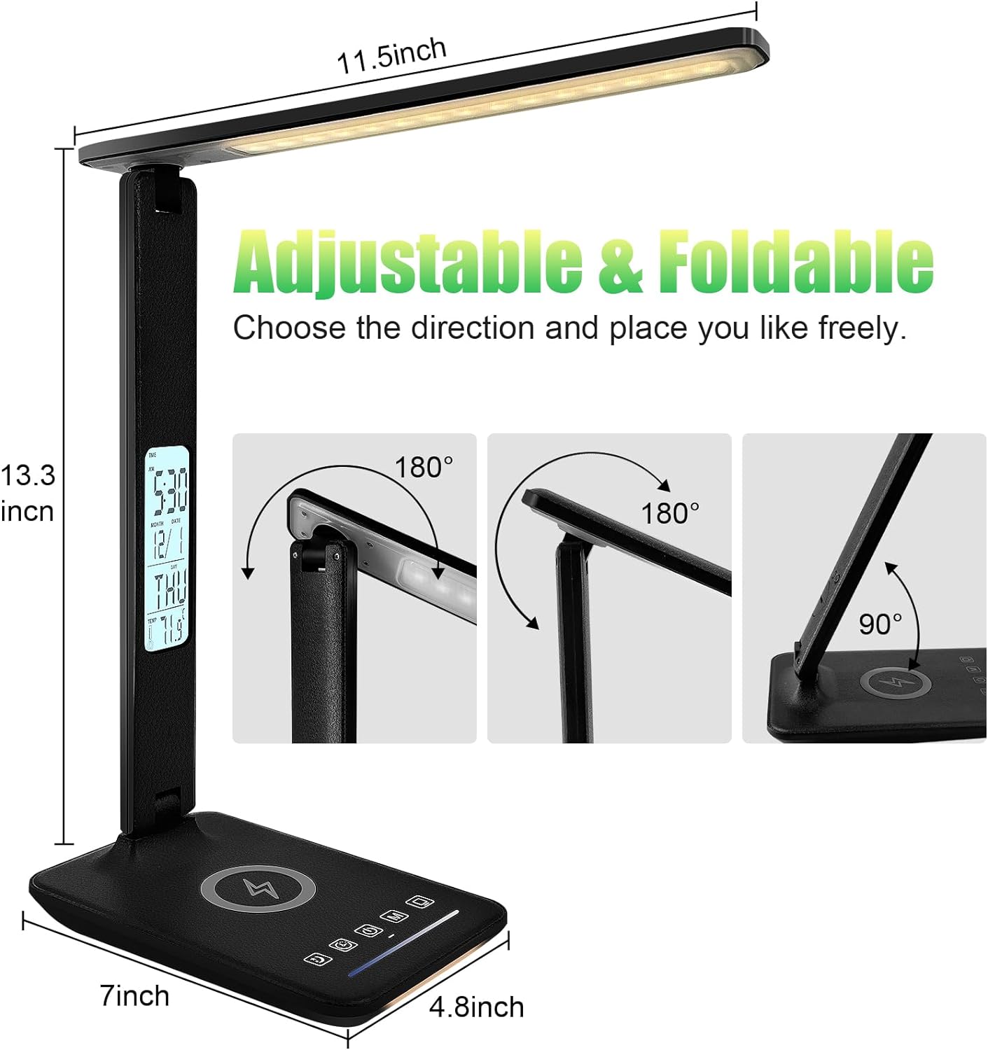 Desk Lamp with Wireless Charger，USB Charging Port, Dimmable Office Desk Light with Clock, Alarm, Date, Temperature, Foldable Lamp for Table Bedroom Bedside Office (Black Pro, Standard Size-13.3 inch)