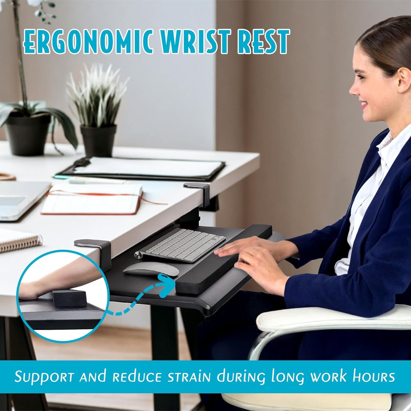 EHO Large Ergonomic C-Clamp Keyboard Tray Mount Under Desk with Wrist Rest, Slide-Out Platform 27.5" (31.8" Including Clamps) x 12.5", Pull Out Keyboard & Mouse Tray for Home or Office, Black