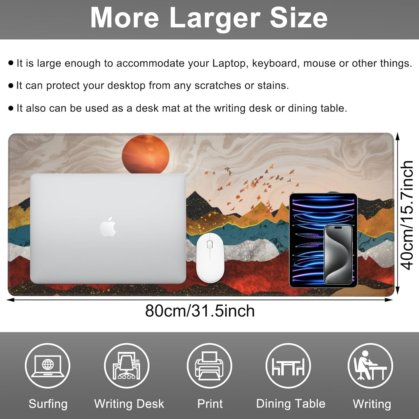 Mouse Pad, Large Colorful Precious Mountains Desk Mat, Extended Non-Slip Gaming Keyboard Mousepad Desk Pad, Thick Stitched Edges Waterproof Mouse Mat 31.5"x15.7" (Beautiful Landscape)