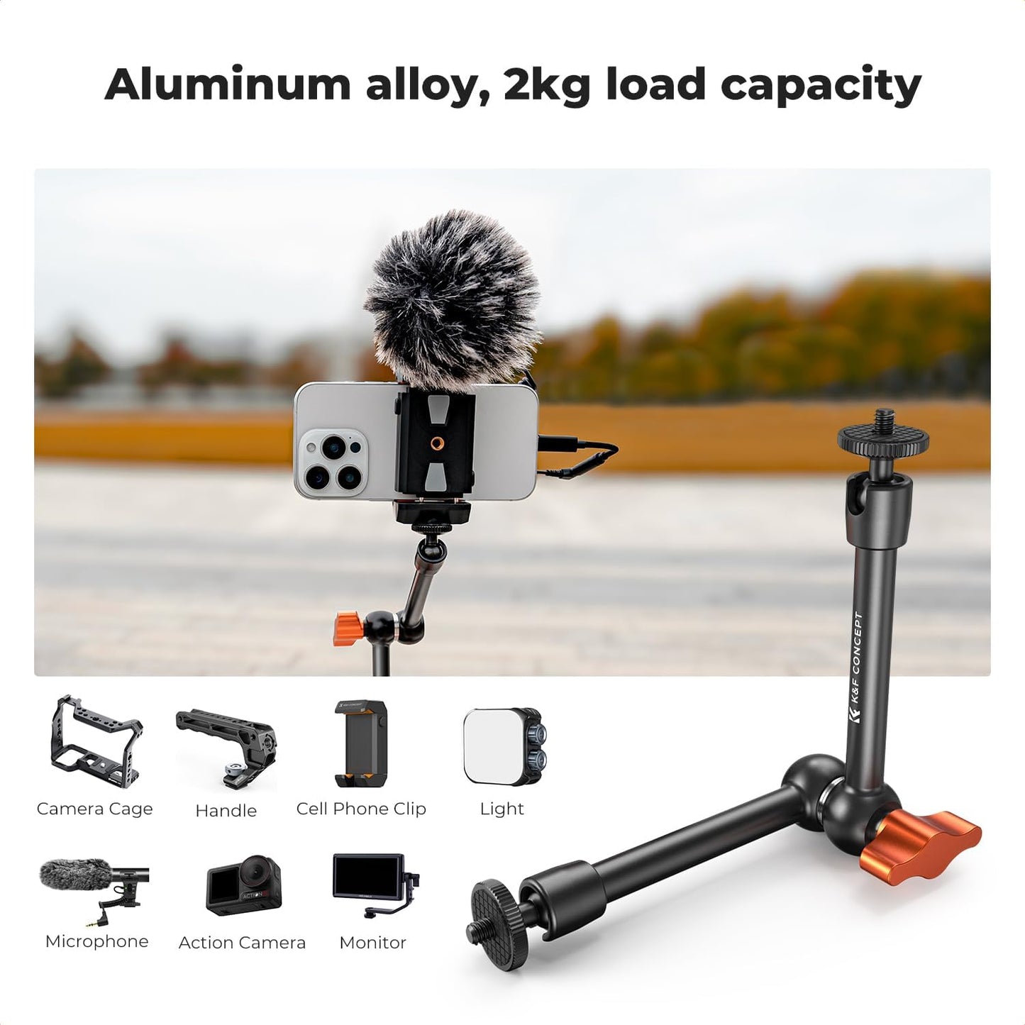 K&F CONCEPT 9.8" Magic Arm, 1/4" Screw Camera Mount Arm 360° Ball Heads for DSLRs, Monitor, Flash, LED Light, Microphone, Camera Cage, Action Camera