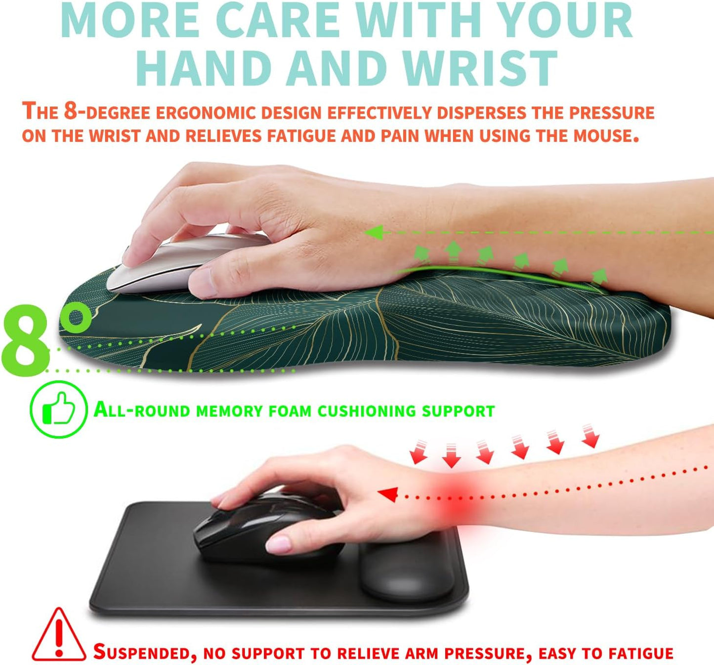 Ergonomic Mouse Pad Wrist Support with Memory Foam Massage Bulge, Carpal Tunnel Pain Relief Mousepad Wrist Rest for Mouse(12x8 inch, Leaves)