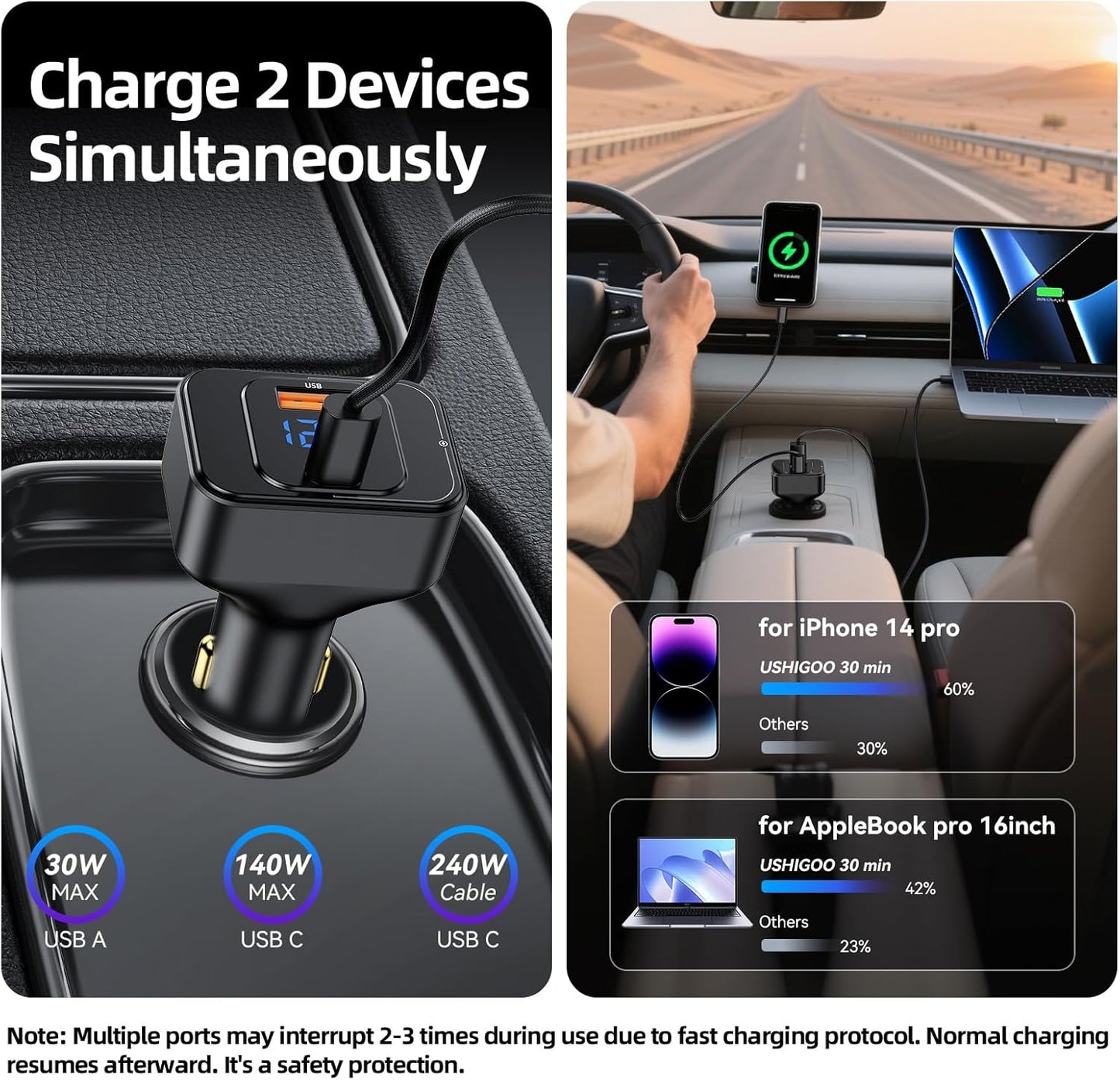 170W PD3.1 Car Charger with LED Voltage Display, USB-C Cigarette Lighter Adapter Fast Charging (140W+30W) for iPhone 16 Pro Max/Samsung S25 Ultra/MacBook/Drones/Laptops, 12V-24V Vehicle