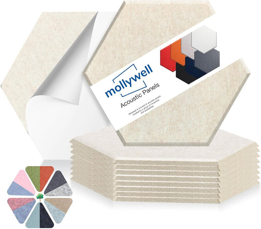 Mollywell Hexagon Acoustic Panels, High Density, Soundproofing, Decorative Noise Reduction Felt Wall Tiles for Ceilings, Home Office & Gaming Room (Beige), 14x12x0.4 Inch