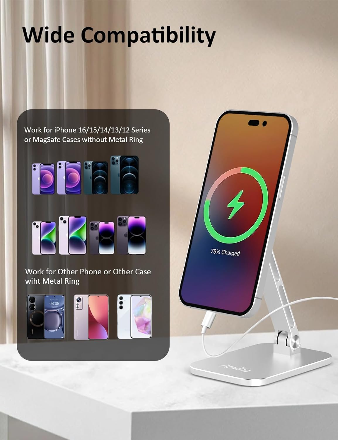 Magnetic Phone Stand for MagSafe Adjustable - Aluminum Portable Phone Holder for Desk with 360° Rotating Head Compatible with iPhone 16/15/14/13/12 Pro Max and Magnetic Phone Case, Silver