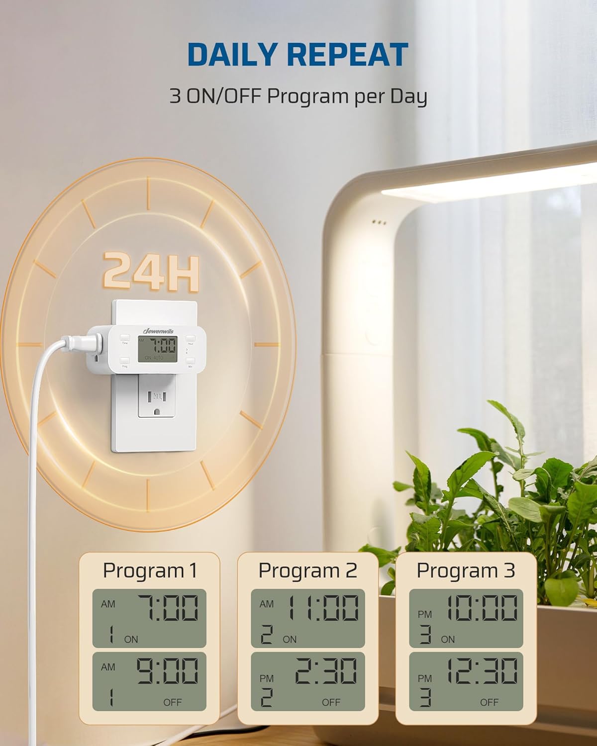 DEWENWILS 24 Hour Programmable Digital Timer Outlet, Timers for Electrical Outlets, Light Timer for Indoor Lamp Fan Aquarium, 1 Grounded Outlet, 125V/15A/1000W, 3 Prong, 1/2 HP, 1 Pack