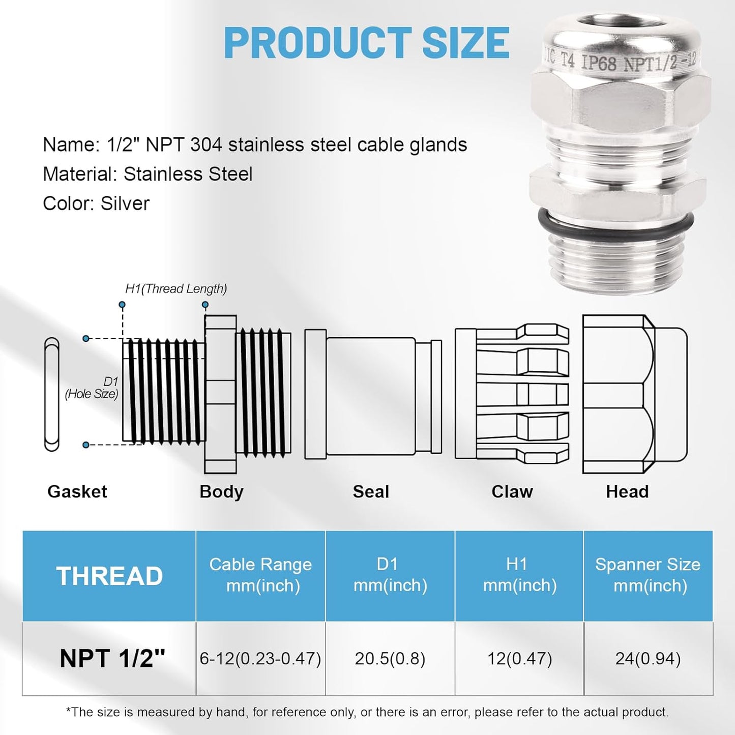 NPT 1/2" Stainless Steel Waterproof Cable Gland IP68 Waterproof Cable Gland Adjustable 6-12mm Cable Gland Protectors - 2 Pcs