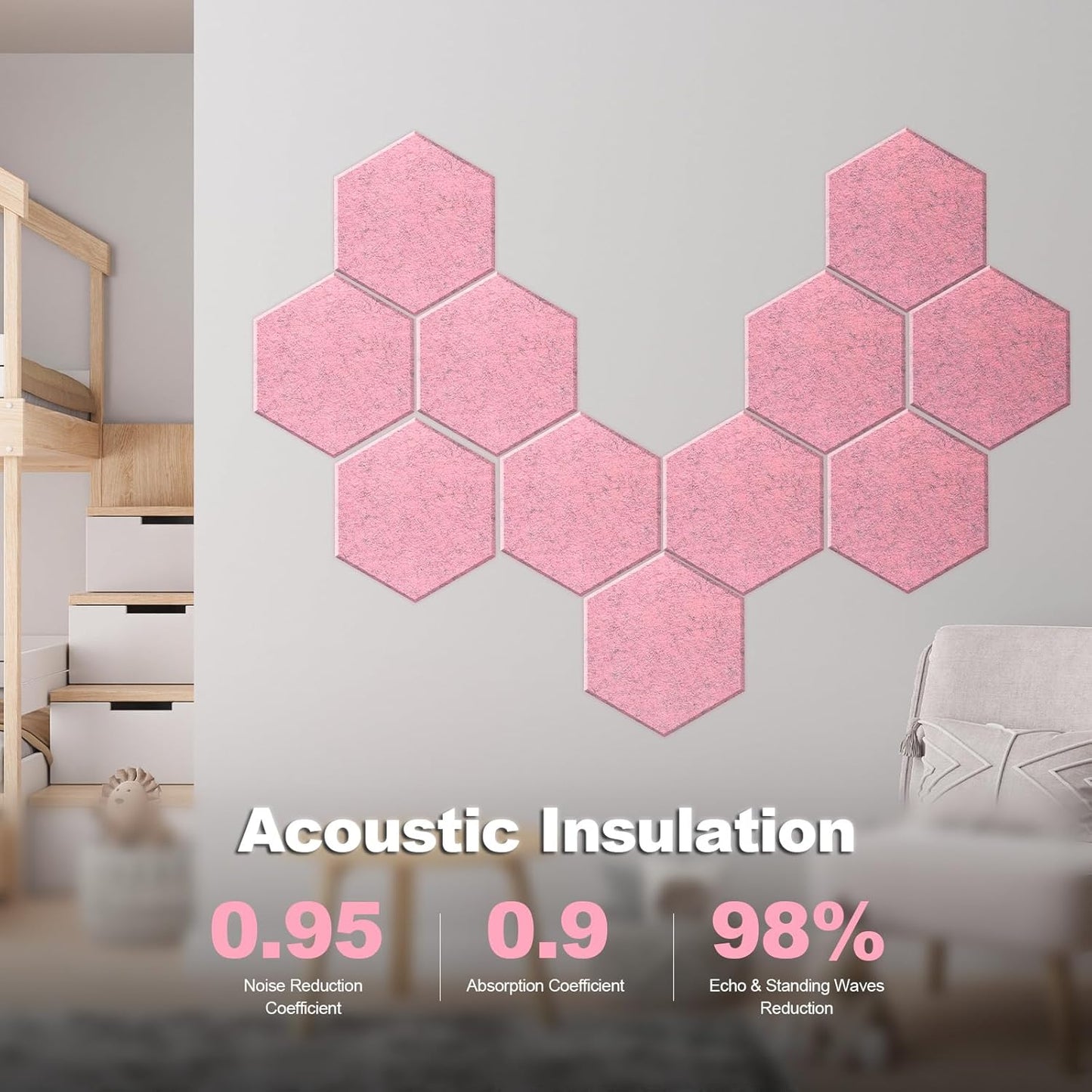 Mollywell Hexagon Acoustic Panels, High Density, Soundproofing, Decorative Noise Reduction Felt Wall Tiles for Ceilings, Home Office & Gaming Room (Smoky Pink), 14x12x0.4 Inch