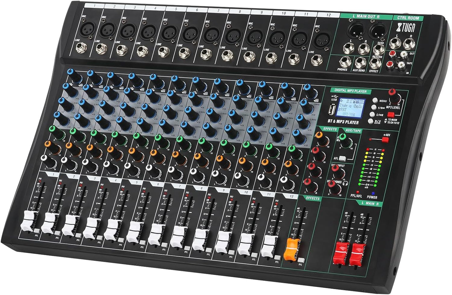 XTUGA 12 Channel Audio Mixer Sound Board Mixing Console, Audio Interface PC USB Bluetooth with 48V Phantom Digital Effect for DJ Live Recording Studio Karaoke(CT120)