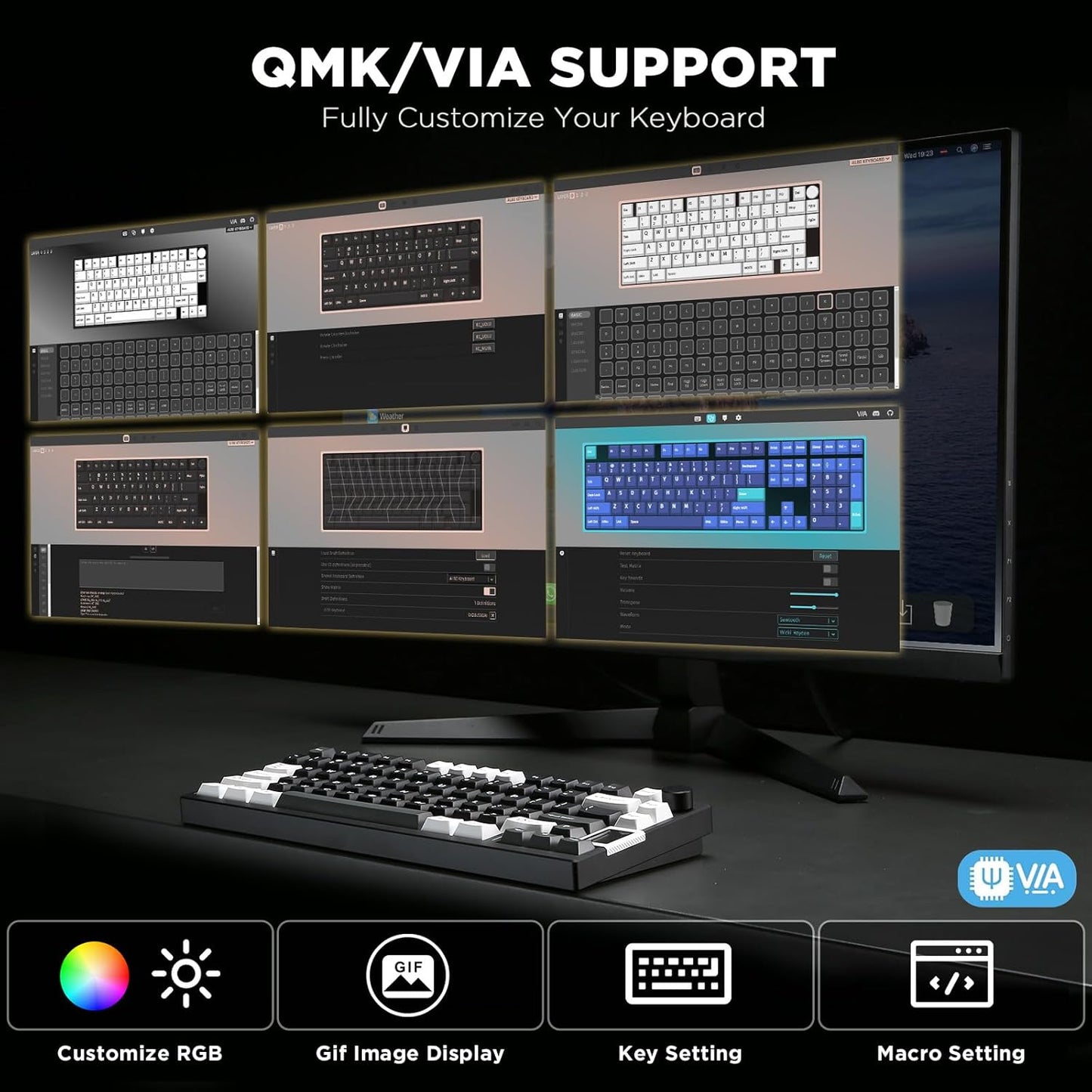 YUNZII AL80 Wireless Mechanical Keyboard,Full Aluminum CNC, Smart LCD Display,Hot Swappable Gasket Mount 75% Layout with Knob,BT/2.4G/USB-C,QMK/VIA Support for Win/Mac (Black, Gateron Zero Switch)