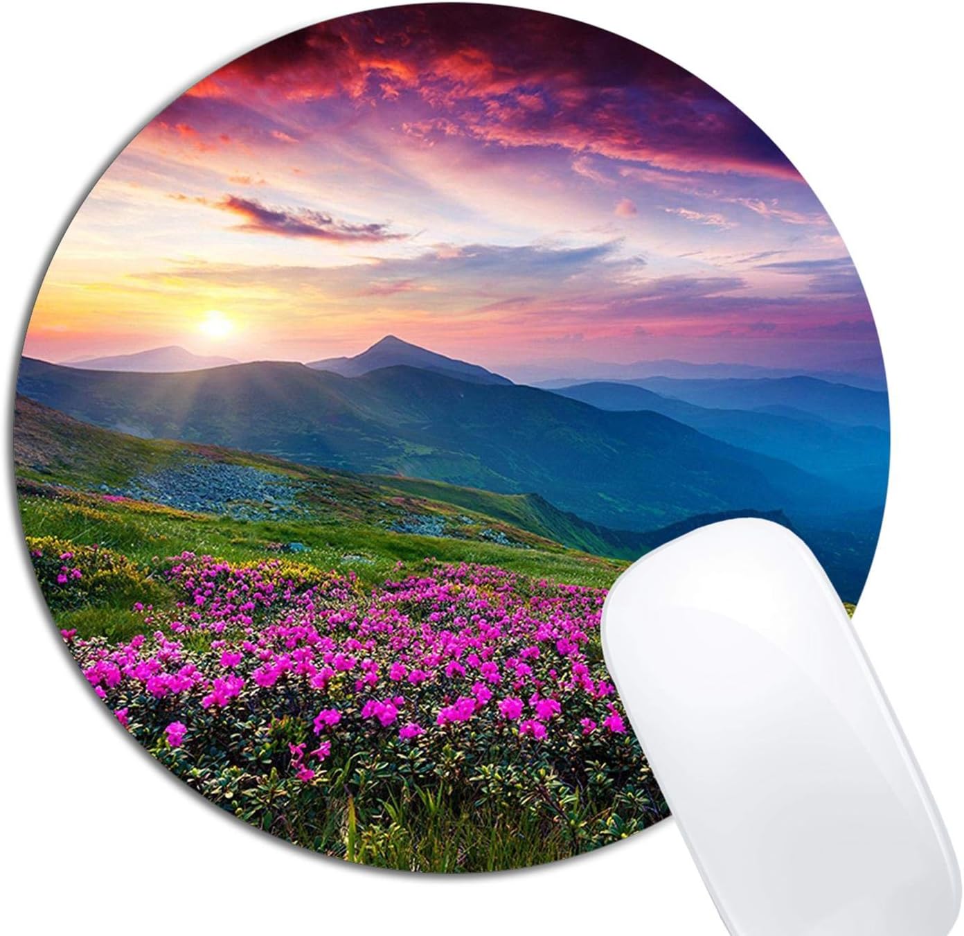 Nature Purple Flowers Meadow Mountain Scenic Mouse Pad Round Non-Slip Rubber Mousepad Laptop Office Computer Decor Cute Desk Accessories Customized Design Mouse Pad