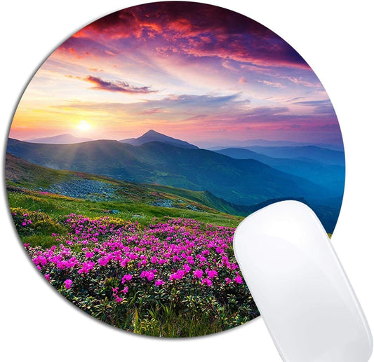 Nature Purple Flowers Meadow Mountain Scenic Mouse Pad Round Non-Slip Rubber Mousepad Laptop Office Computer Decor Cute Desk Accessories Customized Design Mouse Pad