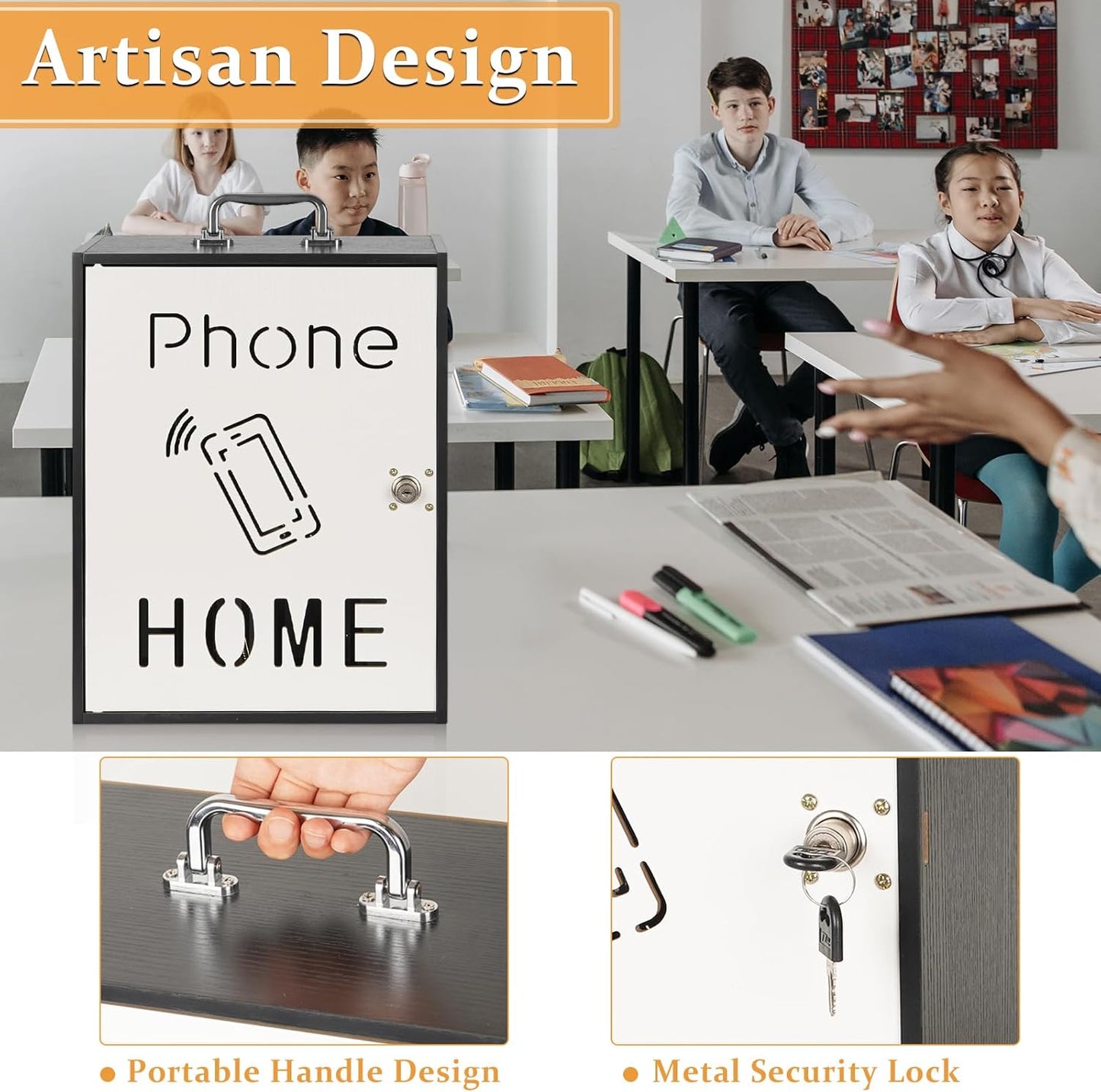 Cell Phone Holder Classroom 36 Slots Wooden Cell Phone Storage Cabinet Pocket Chart with Handle and Security Lock for Classroom Office (36 Grid Cabinet Black)