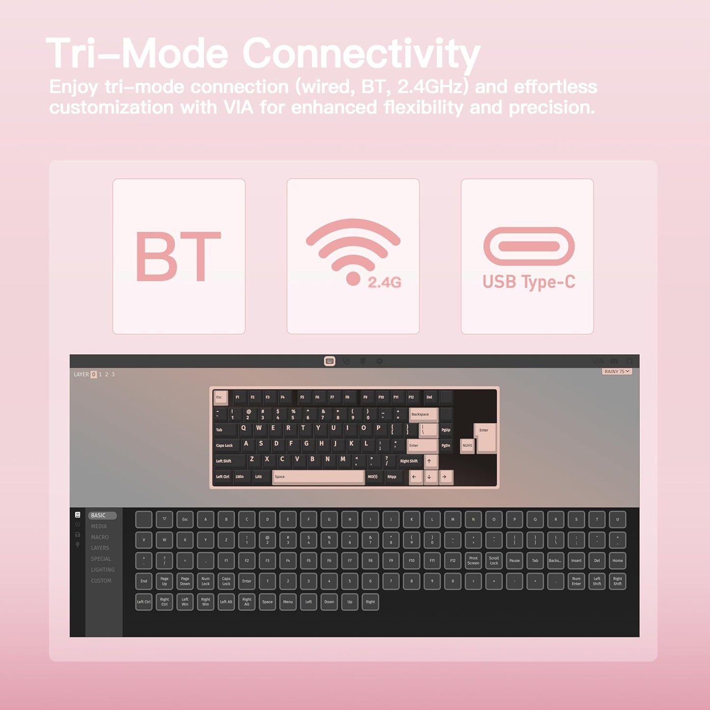 KEEBMONKEY WOBKEY Rainy 75 CNC Aluminum HMX/JWK/Cocoa Switches Triple-Mode Connectivity Mechanical Keyboard with Superior Acoustics, RGB/FR4/Silver SUS304/7000mAh/Cocoa Switch (Pro - Pink)
