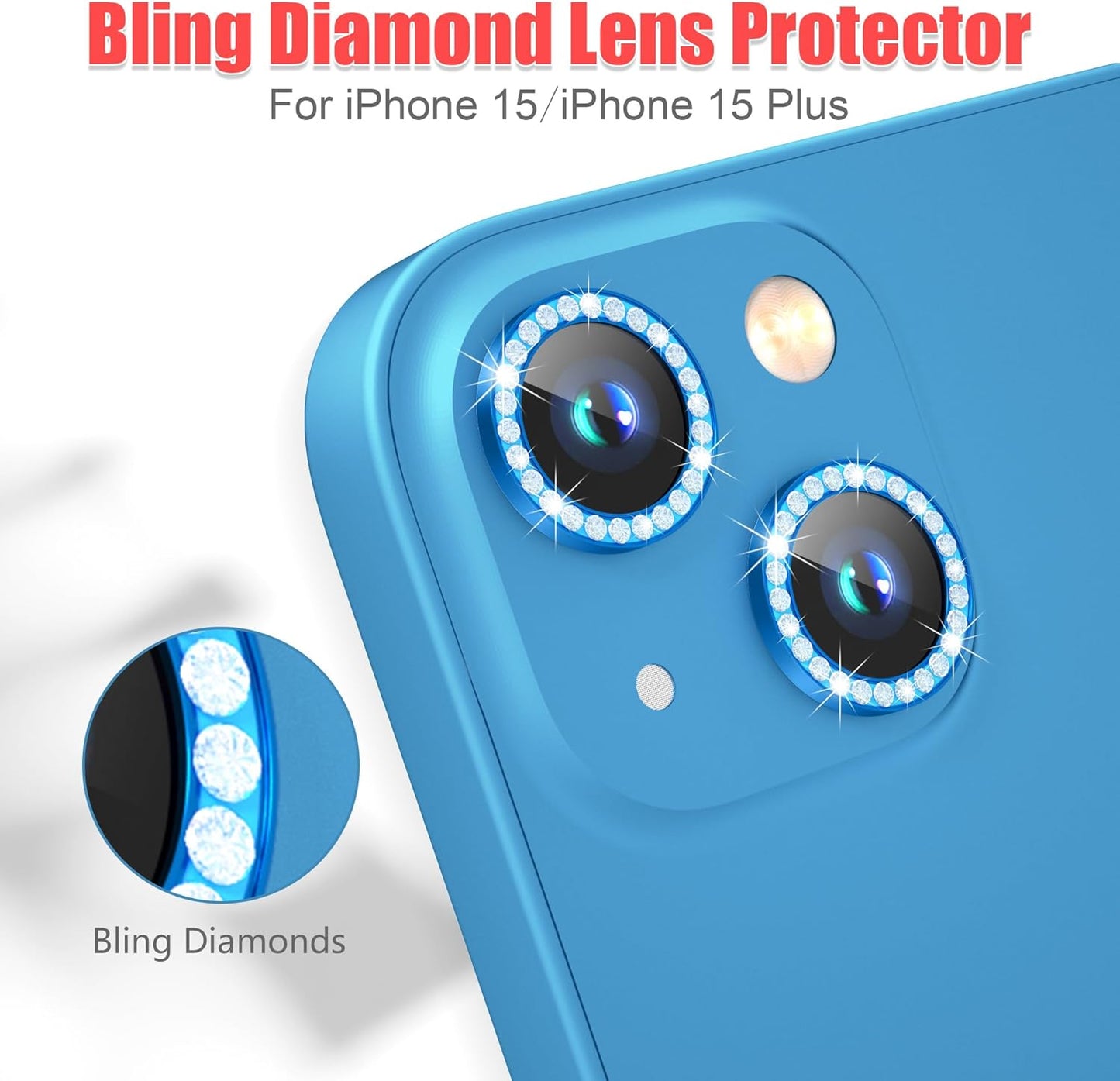 AGVEE 3+3 6 Pack for iPhone 15/15 Plus Camera Lens Protector, Bling Diamond & Bling Glitter Metal Ring 9H Tempered HD Glass Camera Protector Cover Film, Bling-Blue