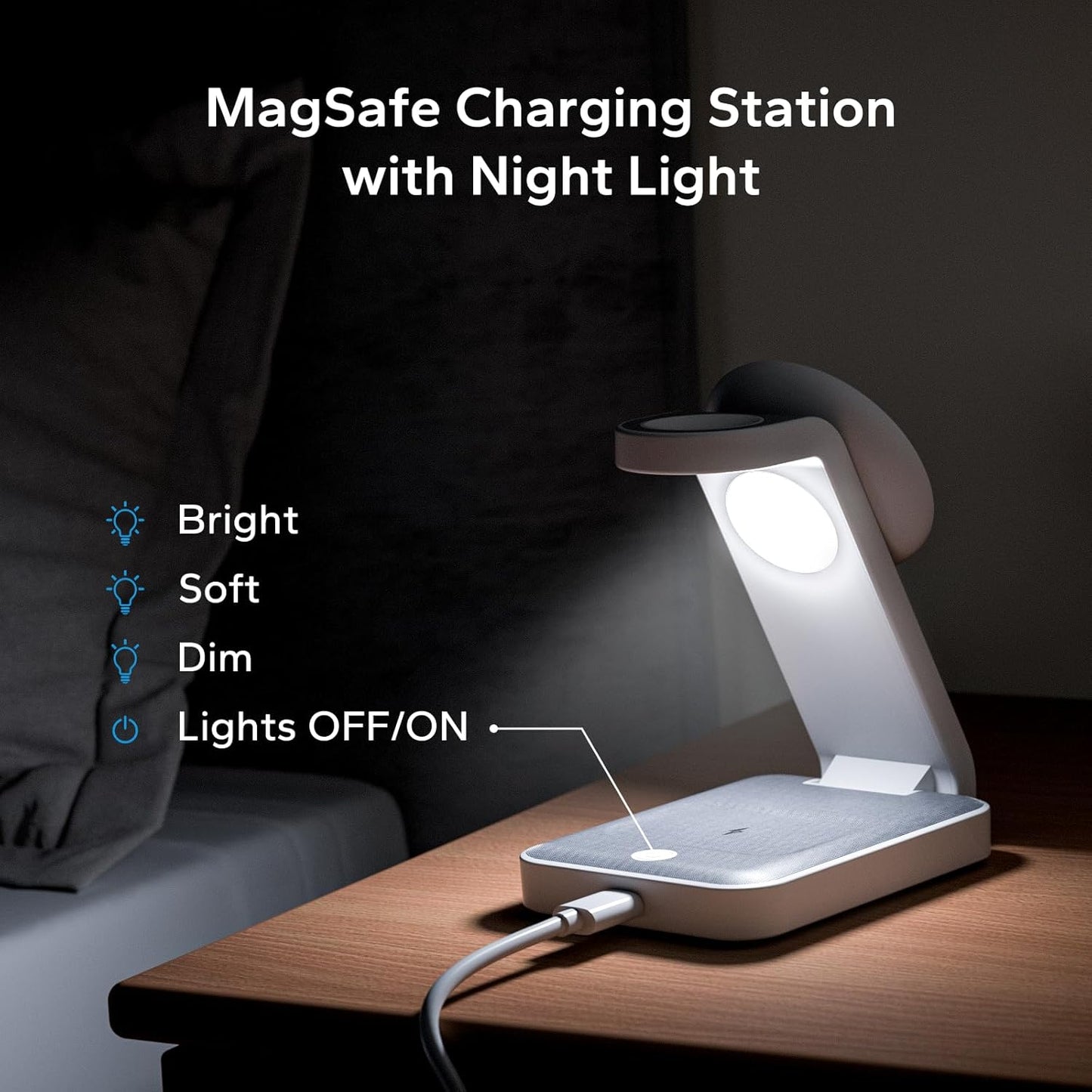 3 in 1 Foldable Wireless Travel Charging Station for MagSafe, Nightstand Magnetic Charger Stand for iPhone 16 15 14 13 Pro Max, Mag-Safe Charging Dock with Night Light for Apple Watch/AirPods