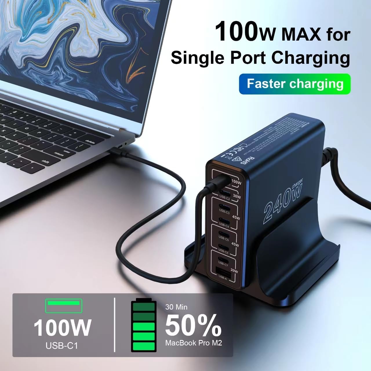 URVNS 240W USB C Charger, 8-Ports Compact GaN PD 100W PPS 45W QC20W Multiport Fast Charging Station for MacBook Laptop, iPhone 16 15 Pro Max, iPad, Galaxy S24 S22, Pixel and More
