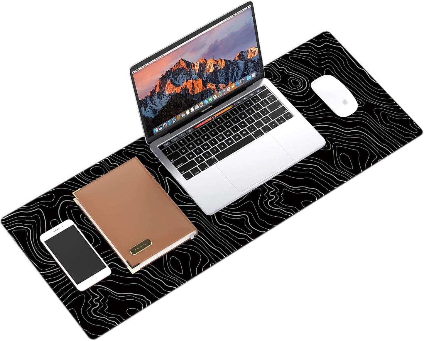 Gaming Mouse Mat Forest Background Pattern XXL XL Large Mouse Mat Long Extended Mouse Pad Desk Mat Non-Slip Rubber Mice Pads Stitched Edges Thin Pad (Topographic Map Balck)