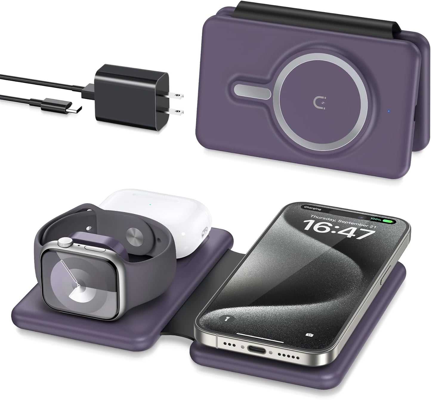 Wireless Charger iPhone - 3 in 1 Charging Station for Apple Devices for iPhone 16 15 14 13 12 Pro Max Plus - Foldable Magnetic Charging Pad for Apple Watch Series & Airpods Series