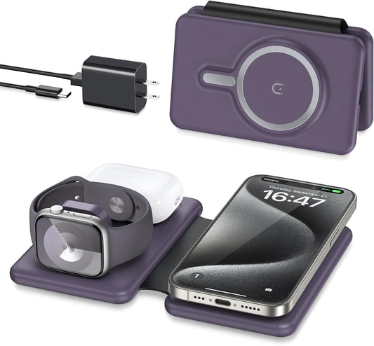 Wireless Charger iPhone - 3 in 1 Charging Station for Apple Devices for iPhone 16 15 14 13 12 Pro Max Plus - Foldable Magnetic Charging Pad for Apple Watch Series & Airpods Series