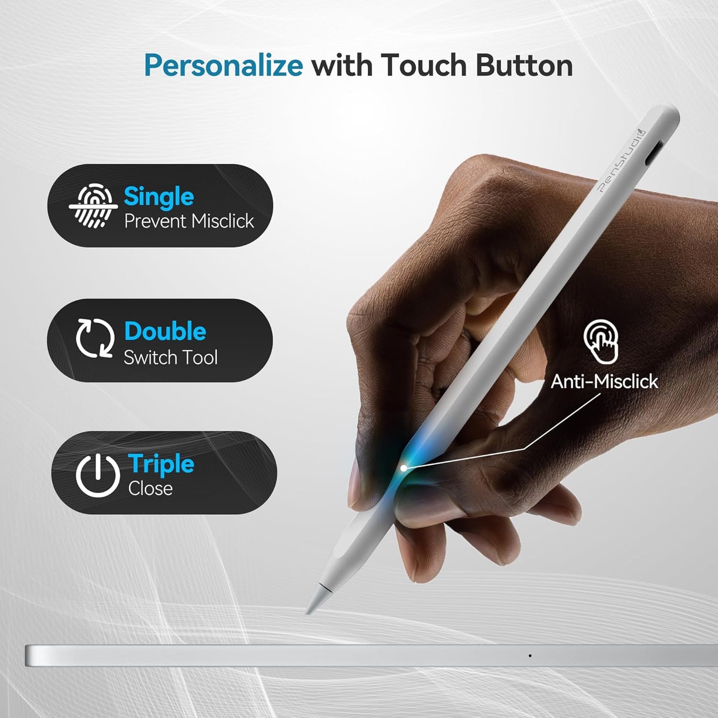 PS1-Pro2 Stylus Pen for Apple iPad 2018-2025｜Anti-Misclick Custom Shortcuts Pixel-Perfect with Metal Chrome Tip｜Pencil for iPad 11th & 10th Generation, Pro 11"/12.9"/M4, Air 3/4/5/M2/M3, mini 5/6th