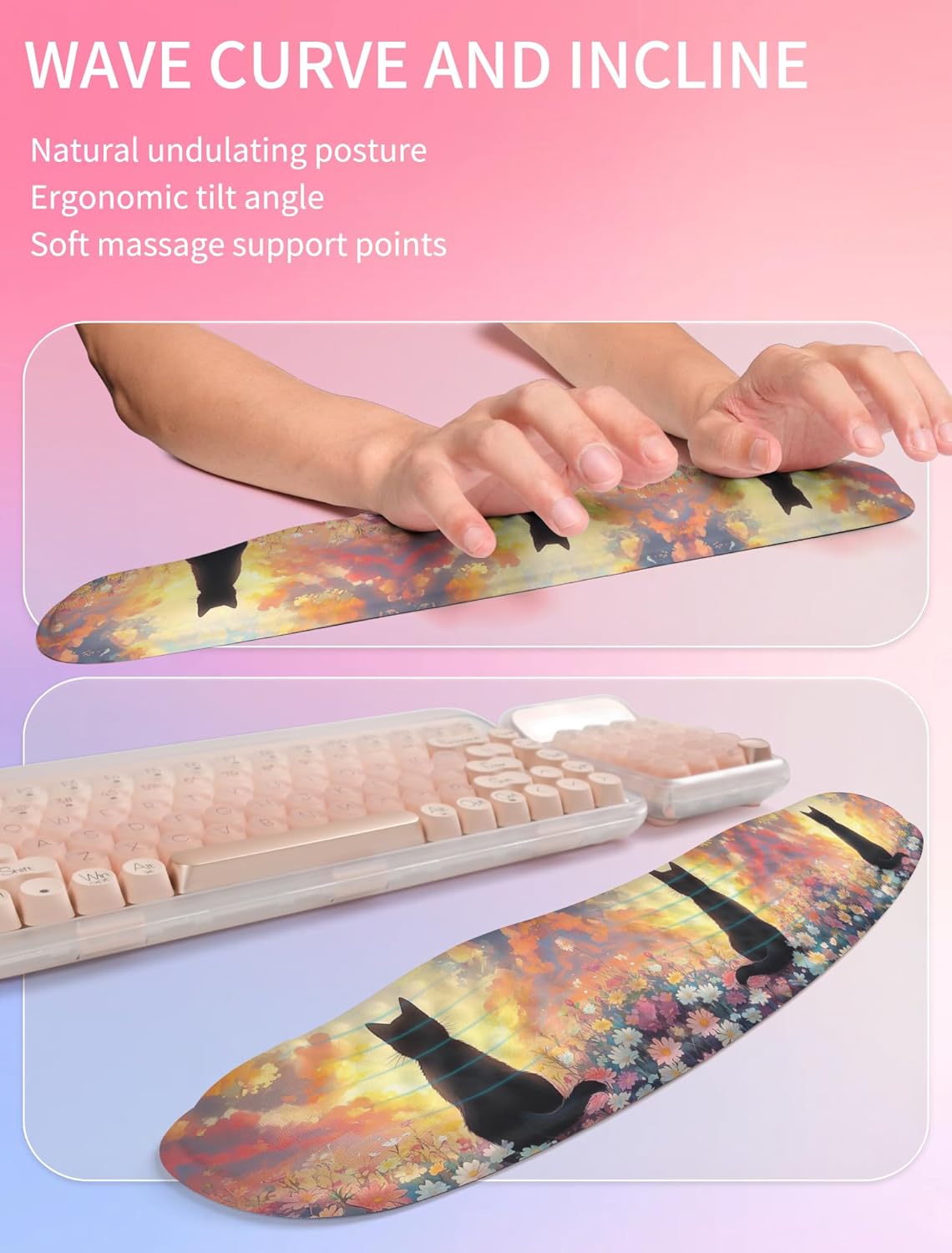 Hokafenle 2in1 Combination, Wave Keyboard Wrist Rest and Ergonomic Curvature Mouse Pad Wrist Support for Relieve Wrist Pain, Filled with Soft Cushion Memory Foam, Wishing Cat