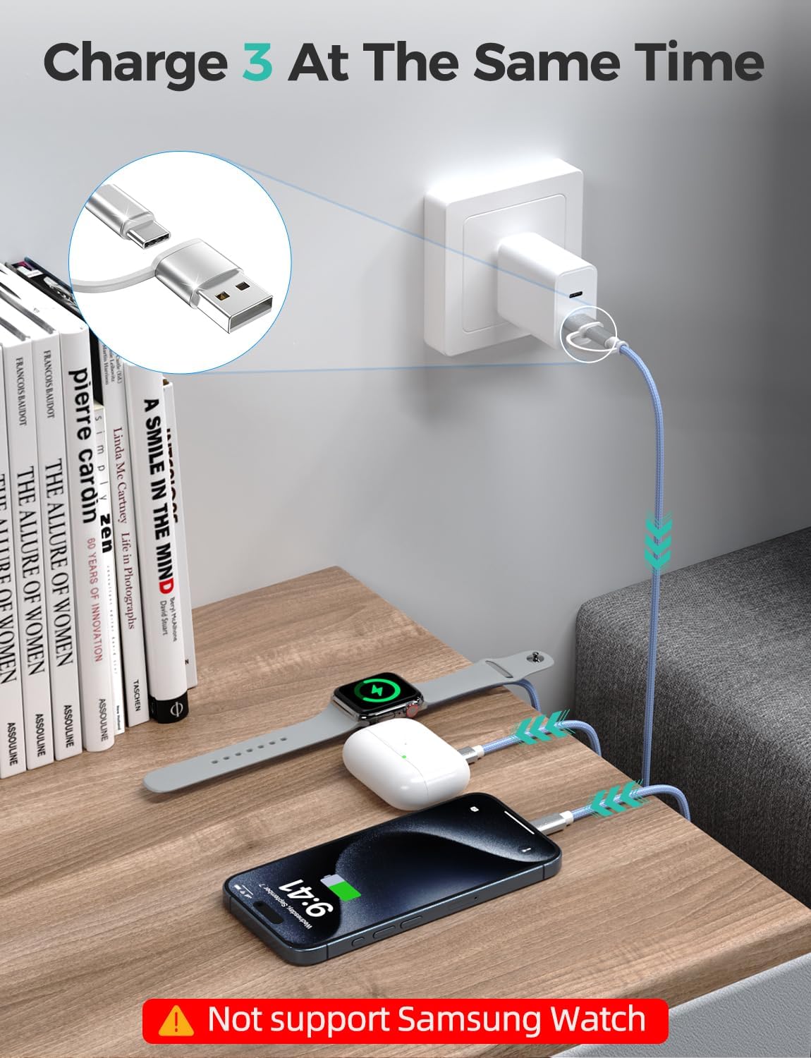 Blue-Upgraded 3 in 2 USB C Cable for Watch Charger Phone Charger USB C Multi Fast Charging Cable Compatible with Watch Ultra/SE/10/9/8/7/6/5/4/3/2/1 & Phone 16/15/14/Galaxy S23-4FT