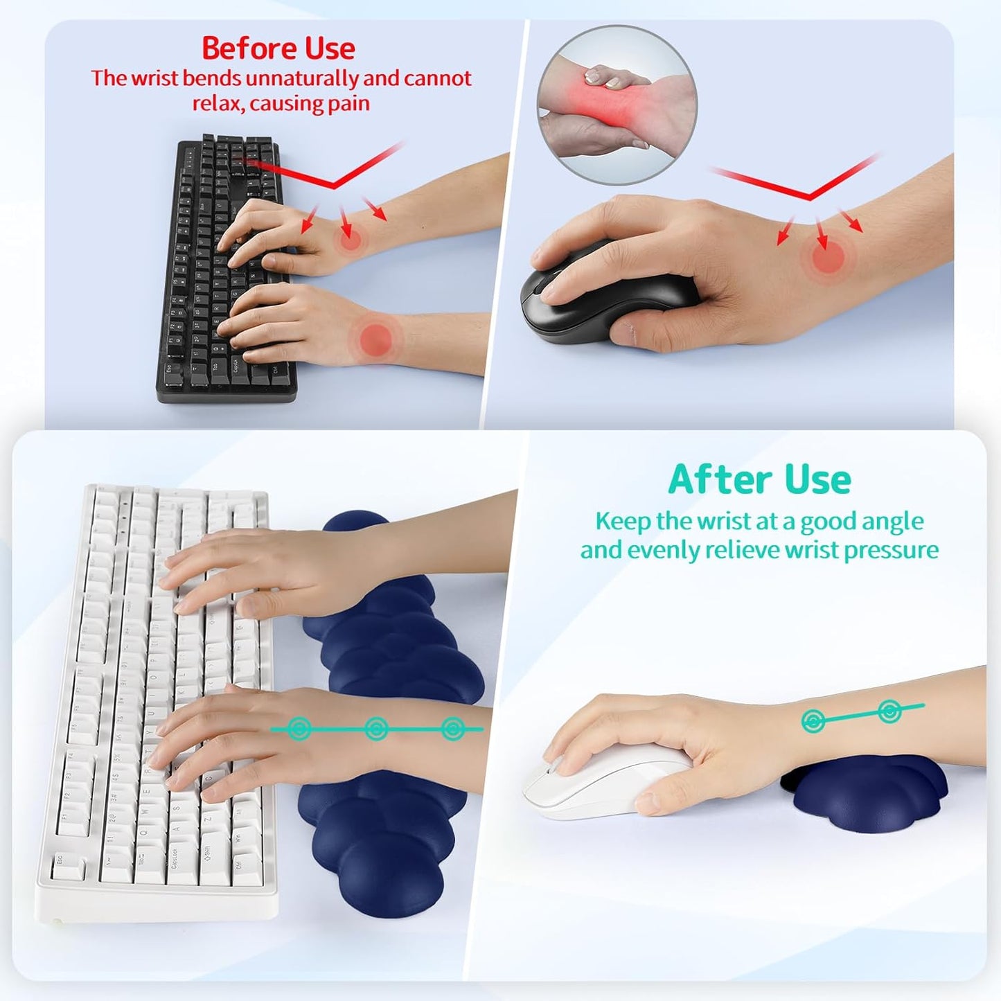 Cloud Wrist Rest for Keyboard and Mouse, Memory Foam PU Leather Keyboard Wrist Rest with Ergonomic Support, Non-Slip Base, Cute Arm Rest Pad & Palm Cushion, Office Desk Accessory, Dark Blue