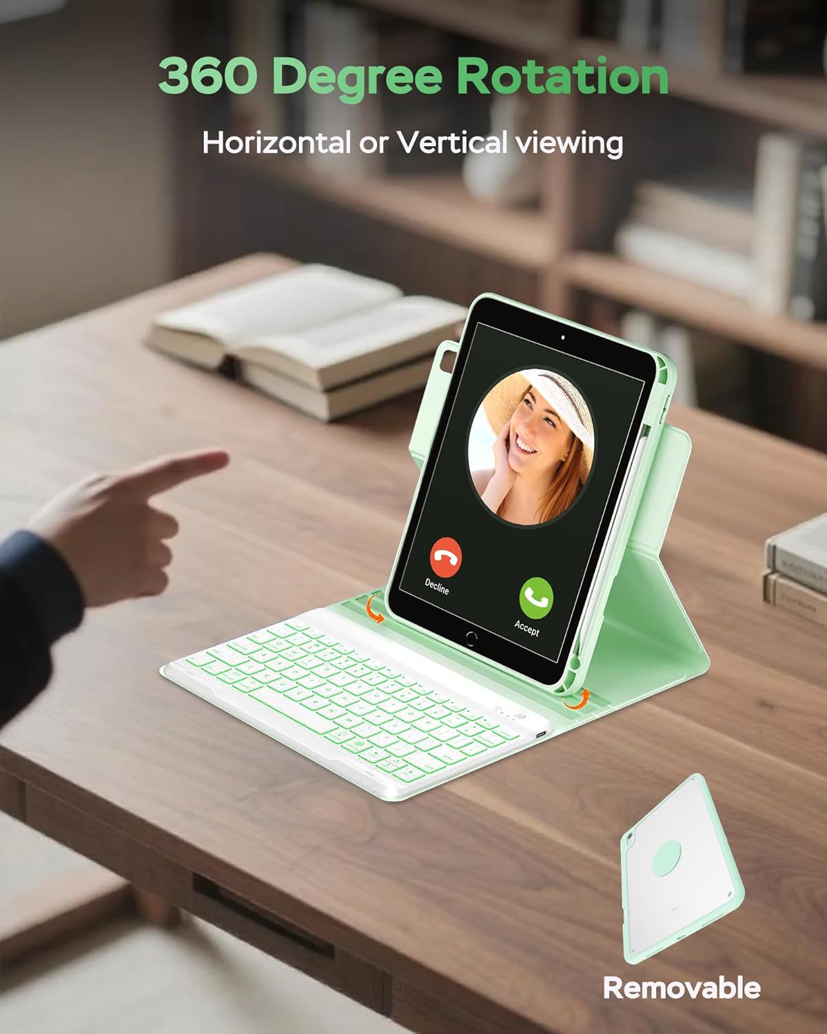 Keyboard Case for iPad 7th/8th/9th Generation 10.2'' 2019/2020/2021, 360° Rotatable Magnetic Keyboard Case with Pencil Holder Groove, 7 Color Backlit Wireless Detachable Keyboard (Green)