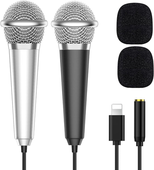 2PCS Mini Microphone for iPhone iPad Small ASMR Tiny Microphone for Voice Video Recording Singing, Vlogging, YouTube Two Mics Silver and Black