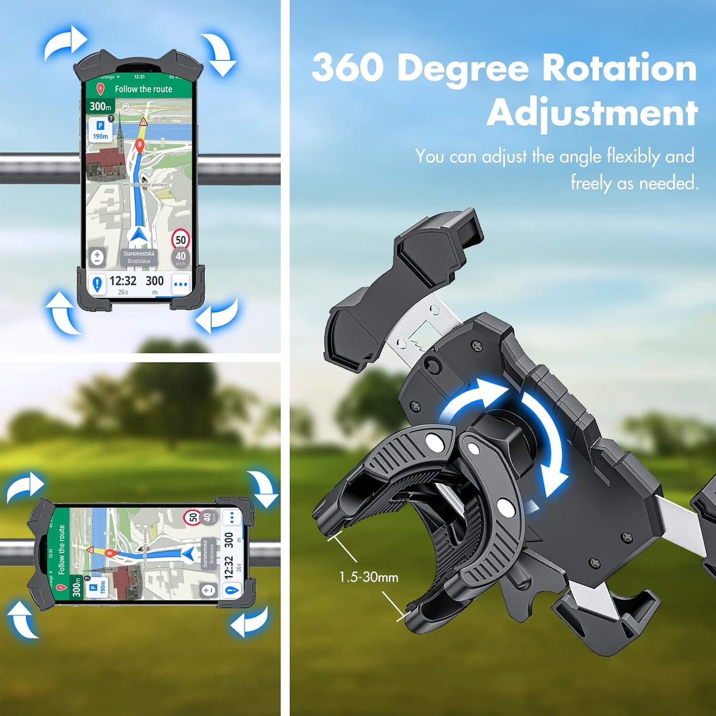 Universal Golf Cart Phone Holder, Adjustable Bike Phone Mount Bike Phone Holder for Handlebars Compatible with iPhone14,13,12,11, Pro Max ,Samsung Galaxy S21, S10, S9,and All 4.7-6.8” Cellphone