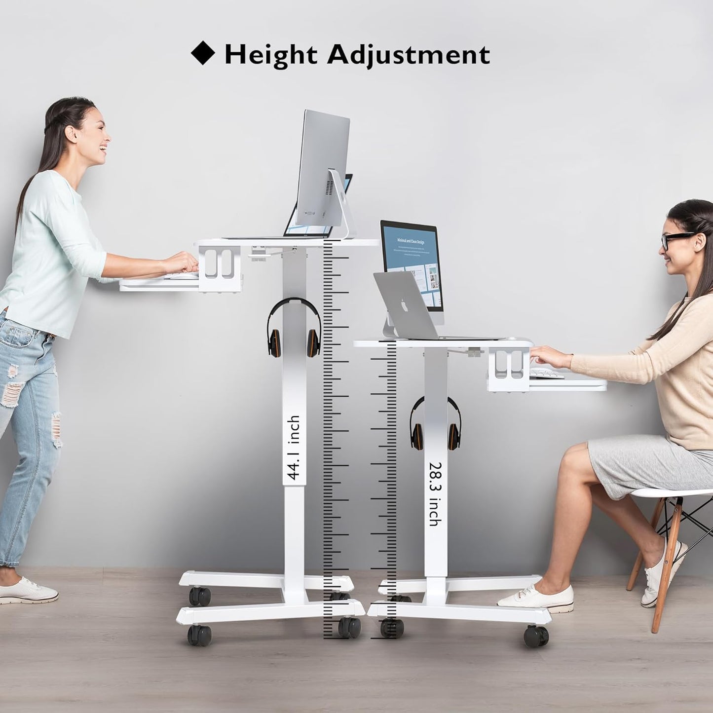 BONTEC Mobile Standing Desk with Keyboard Tray, Mobile Podium, Rolling Laptop Sit Stand Desk on Wheels, Adjustable Height Up to 33lbs, Portable Computer Workstation Cart for Living Room, Office, White