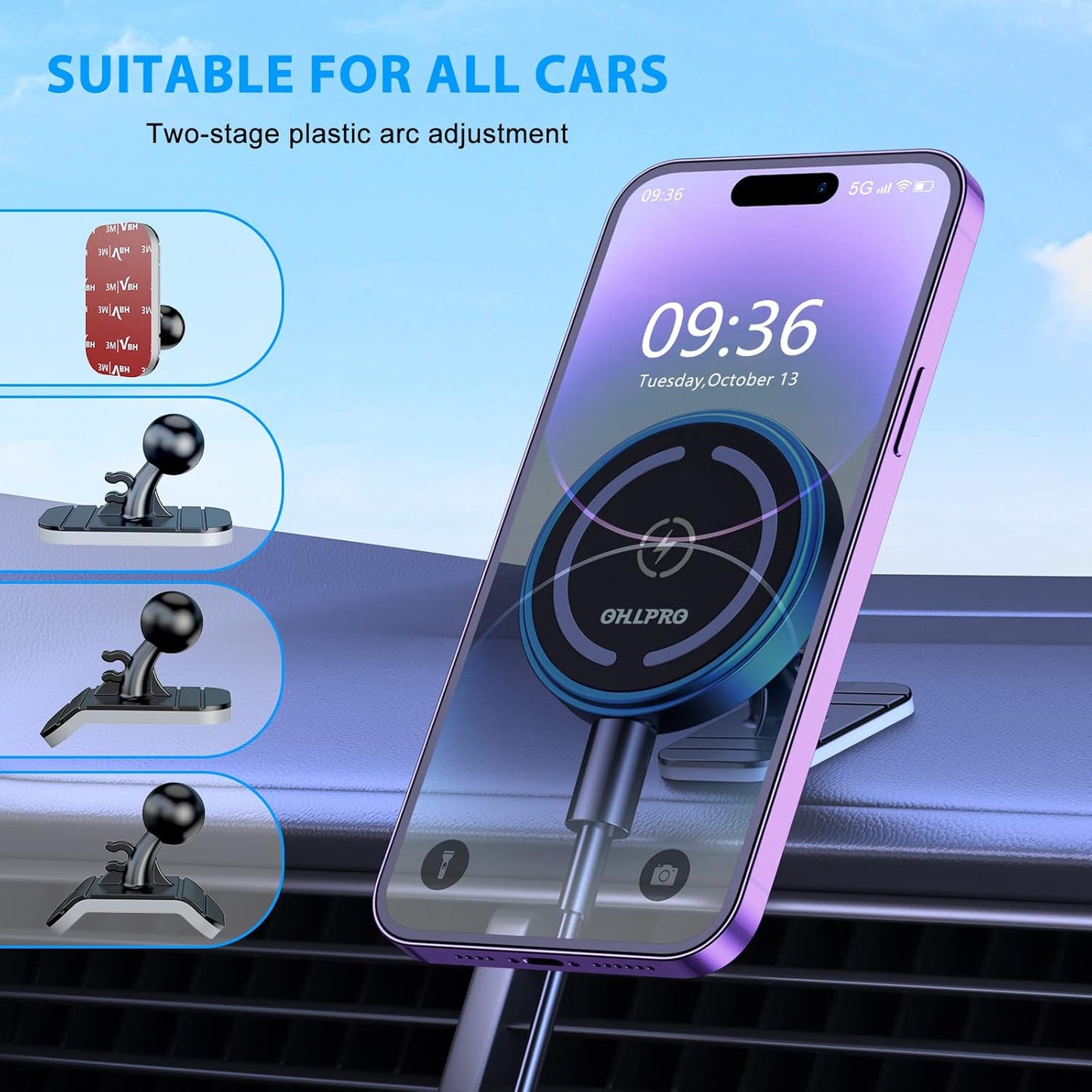 OHLPRO for iPhone16 Magsafe Car Mount Charger, 15W Fast Charging Dashboard Magnetic Car Phone Holder - Vent Clip and 3M Adhesive Base Never Block Air for iPhone 15/14/13/12 Series Magsafe Case, Blue