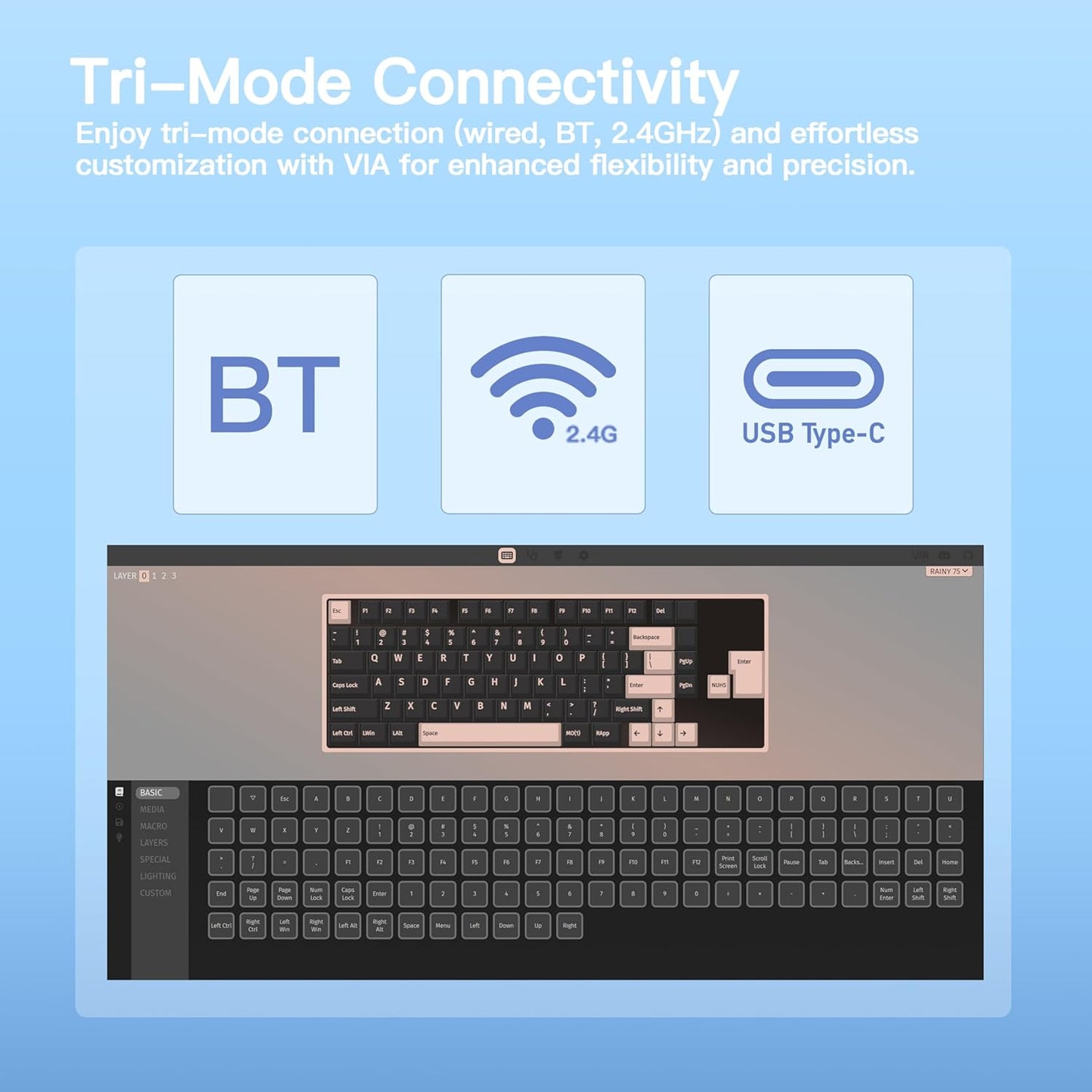KEEBMONKEY WOBKEY Rainy 75 CNC Aluminum HMX/JWK/Cocoa Switches Triple-Mode Connectivity Mechanical Keyboard with Superior Acoustics, RGB/PP/Gradient Glass/3500mAh/Violet Switch (Standard - Blue)