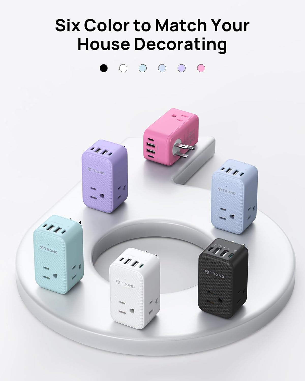 TROND Outlet Extender with USB, Multi Plug Wall Outlet with 3 AC Chargers, 360 Rotating Plug Adapter with PD 20W USB C Port, Cute Colorful Power Extension for Home Decoration, Travel Essentials